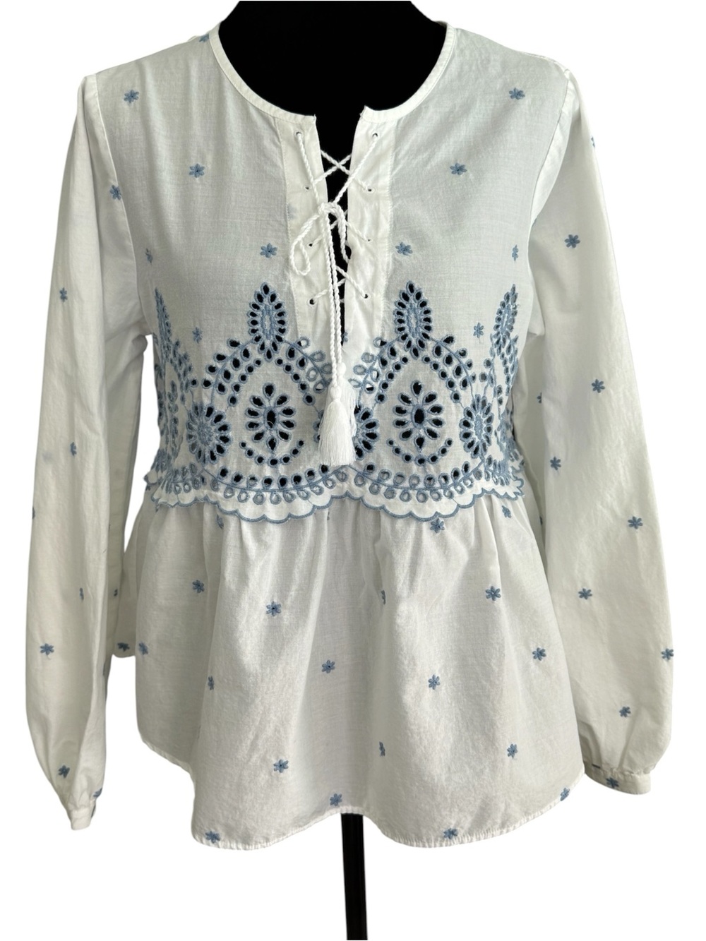 GAP White Tunic Top with Light Blue Embroidery